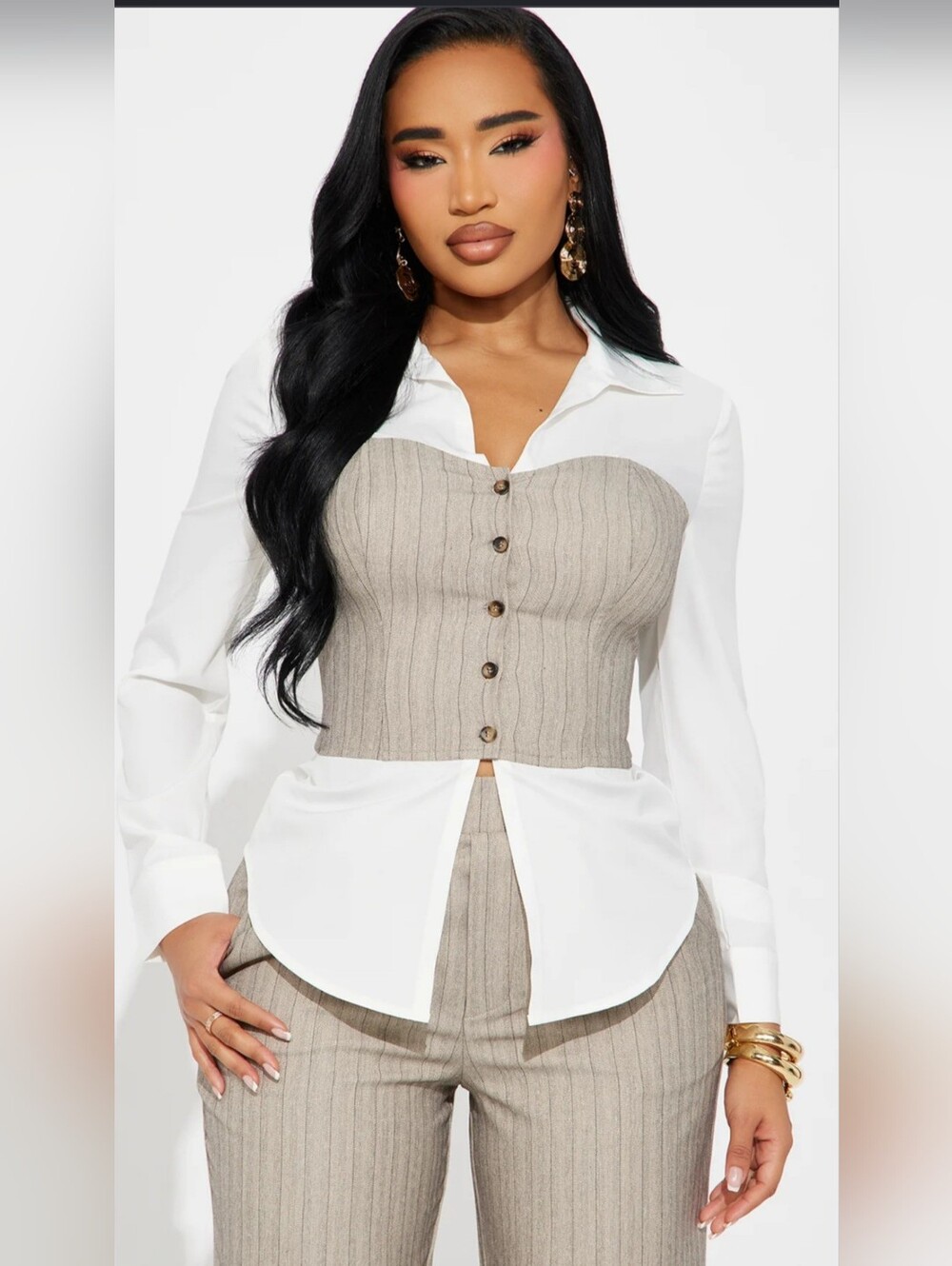 Button-Front Pinstripe Bustier Top with White Shirt - Taupe